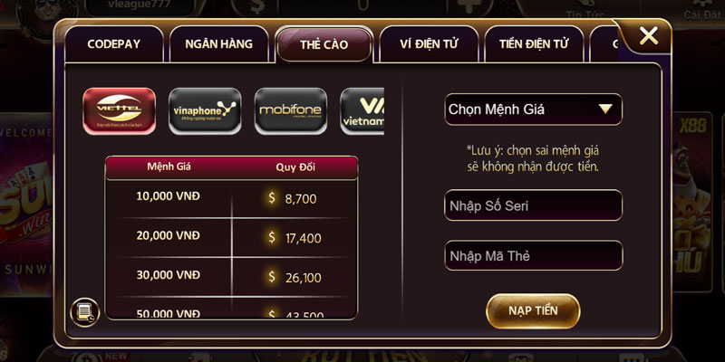 Hệ thống đổi thẻ ở Sunwin chính hãng quy định hạn mức rõ ràng